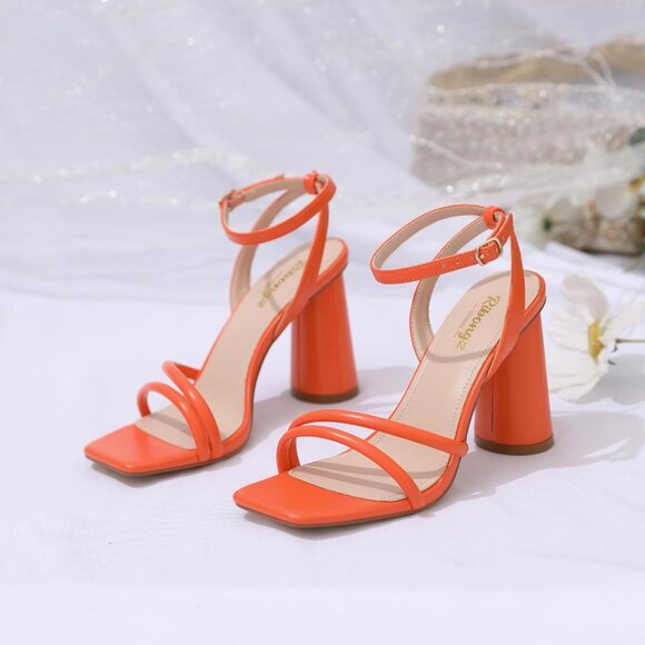 Women's Orange Square Open Toe Strappy Ankle Strap Block Heeled Sandals Shoes - Picture 3 of 9